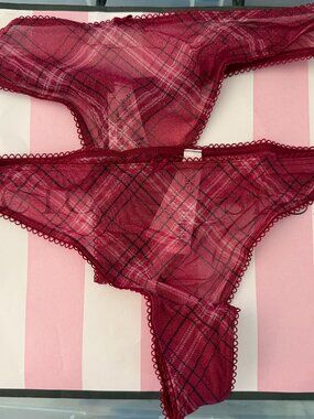 TWO (2) Victoria's Secret The Lacie Shimmer Mesh Thong Panty Red + Red NEW w TAG